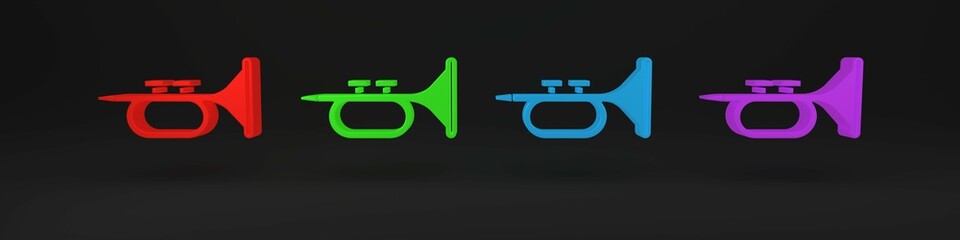 Colorful Musical instrument trumpet icon isolated on black background. Minimalism concept. 3D render illustration