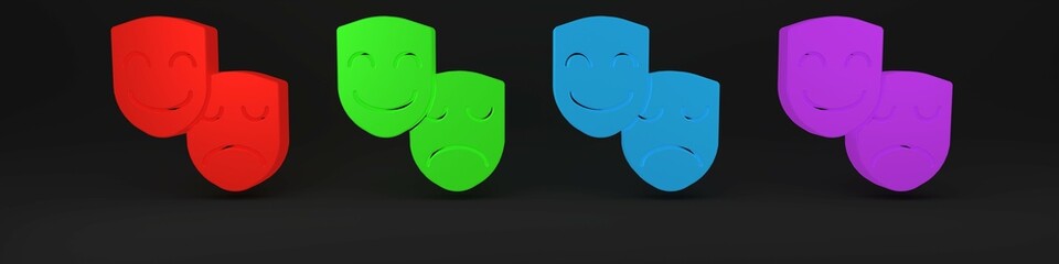 Colorful Comedy and tragedy theatrical masks icon isolated on black background. Minimalism concept. 3D render illustration