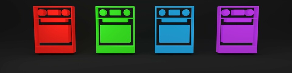 Colorful Oven icon isolated on black background. Stove gas oven sign. Minimalism concept. 3D render illustration