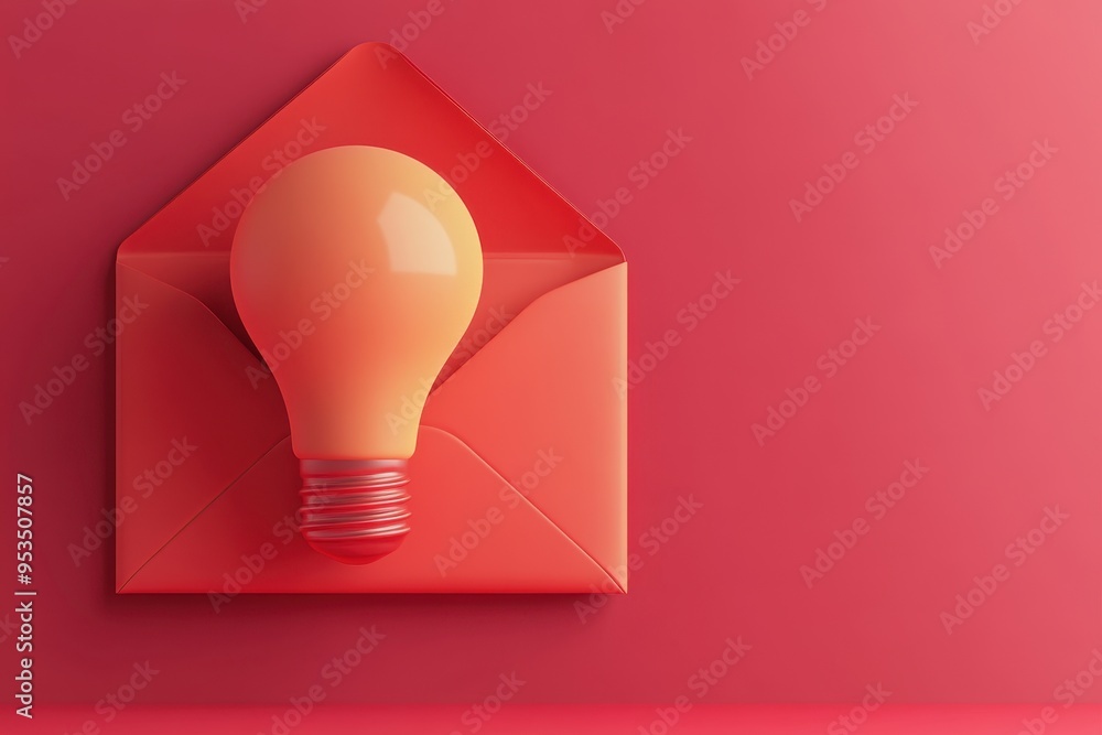 Poster a light bulb is inside an envelope on a red background