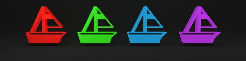 Colorful Yacht sailboat or sailing ship icon isolated on black background. Sail boat marine cruise travel. Minimalism concept. 3D render illustration