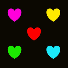 Five multi-colored hearts on a black background.