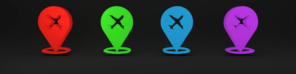 Colorful Plane icon isolated on black background. Flying airplane icon. Airliner sign. Minimalism concept. 3D render illustration