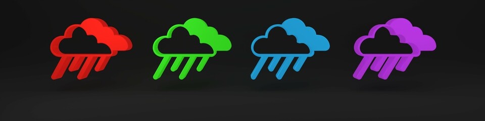 Colorful Cloud with rain icon isolated on black background. Rain cloud precipitation with rain drops. Minimalism concept. 3D render illustration