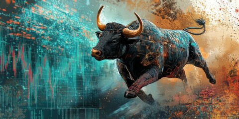 Obraz premium A digital bull charging against a stock market chart.