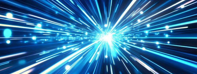 Naklejka premium Blue light speed background with glowing lines, blue abstract technology banner design for digital video and film production, motion graphics or futuristic website template