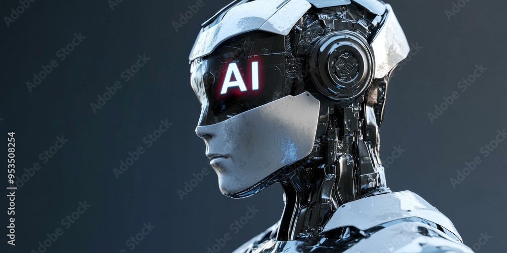 Poster close-up of a robotic head with ai display.