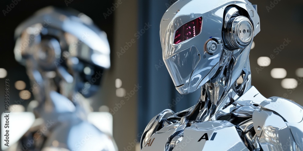 Poster shiny robot with red eye and ai label.