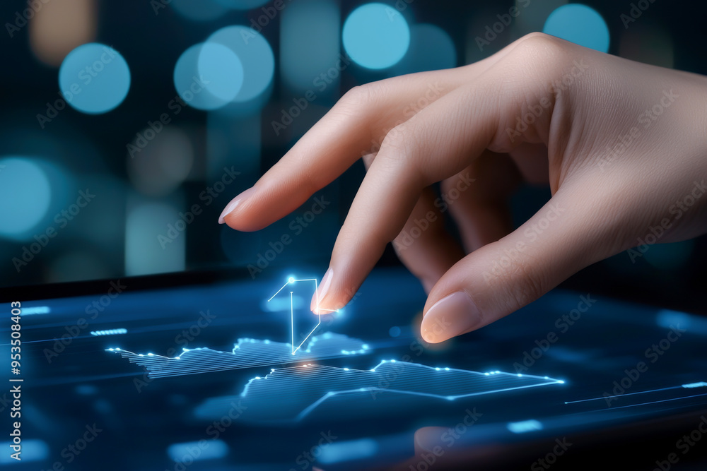 Poster a hand interacts with a digital map on a touchscreen, showcasing advanced technology and connectivit