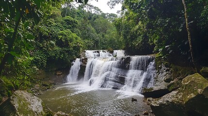 Fototapeta premium Breathtaking Aerial Perspective of Cascading Waterfall Amid Lush Tropical Greenery