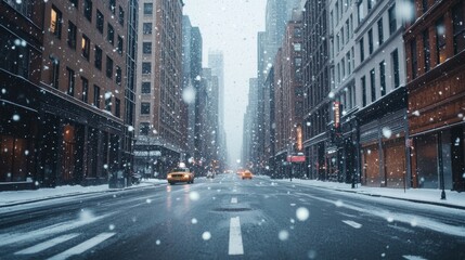 Obraz premium A cityscape in winter with snow falling on empty streets