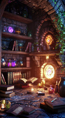 Obraz premium A Mystical Den: Secrets Unraveled in a Witch's Cozy Lair, Where Spells and Knowledge Intertwine.
