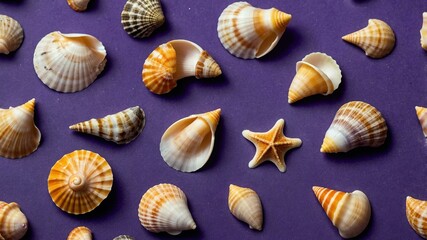 collection of various small seashells on purple aesthetic background