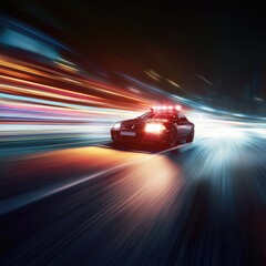 Naklejka premium A sleek police car in high-speed motion with flashing lights, capturing the essence of law enforcement and urgency at night.