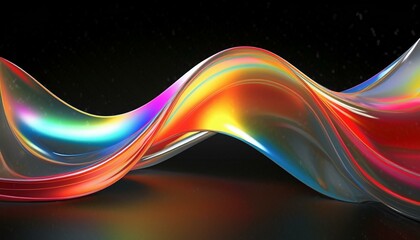 3d crystal glass liquid wave with refraction and holographic effect isolated on dark background. Render transparent glass ribbon, fluid splash with rainbow gradient flying. 3d wave background