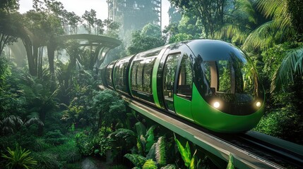 Elevated green transit system amidst lush vegetation, highlighting futuristic and eco-friendly transportation solutions.