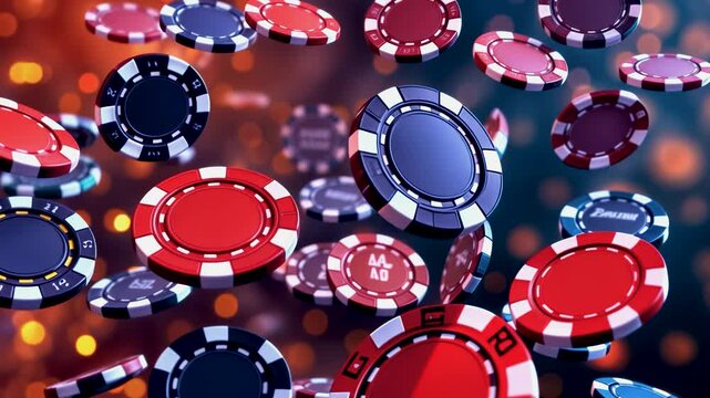 Colorful casino chips spin and tumble in a dynamic display