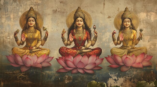 Lakshmi saraswati parvati hindu goddess trio with lotus flowers banner background religious goddesses oil painting classical art ancient India purity