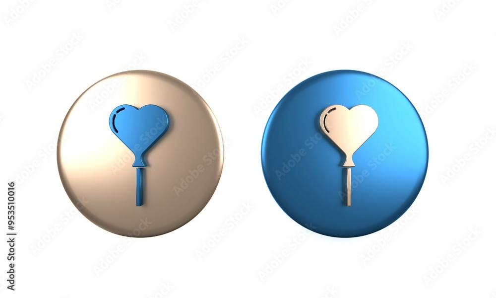 Poster colorful balloons in form of heart with ribbon icon isolated on white background. circle button. 3d 
