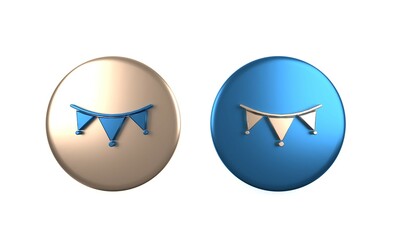 Colorful Carnival garland with flags icon isolated on white background. Party pennants for birthday celebration, festival decoration. Circle button. 3D render illustration