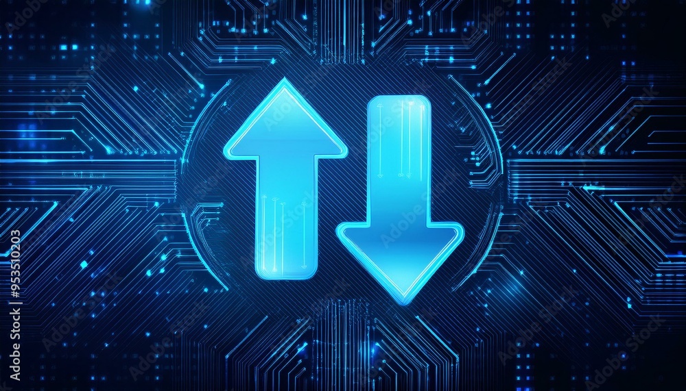 Poster blue arrow up and down icon on digital background with glowing effect