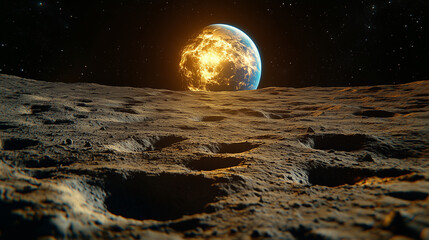 Moon landscape with Earth rising in the distance