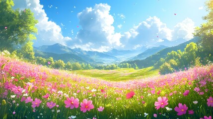 Fototapeta premium Vibrant Cosmos Bloom in a Colorful Japanese Meadow, Mountains in the Distance - colorful japan meadow very Beautiful