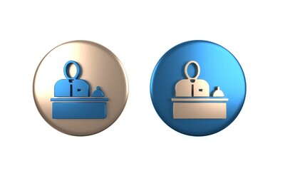 Colorful Receptionist standing at hotel reception desk icon isolated on white background. Circle button. 3D render illustration