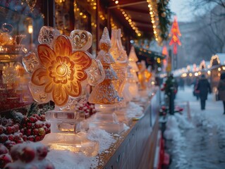 Obraz premium Charming winter scene with illuminated ice sculptures and festive decorations at a cozy outdoor market.