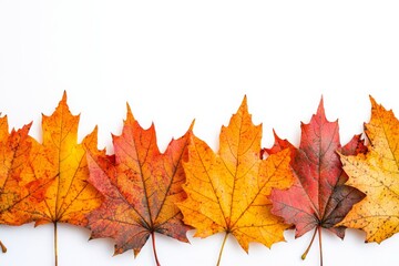Fototapeta premium Autumn Maple Leaves Flat Lay White Background created with Generative AI