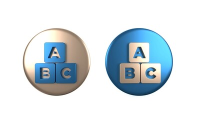 Colorful ABC blocks icon isolated on white background. Alphabet cubes with letters A,B,C. Circle button. 3D render illustration