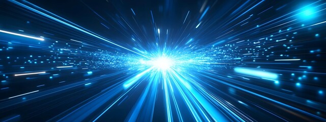 Fototapeta premium Blue light speed background with glowing lines, blue abstract technology banner design for digital video and film production, motion graphics or futuristic website template