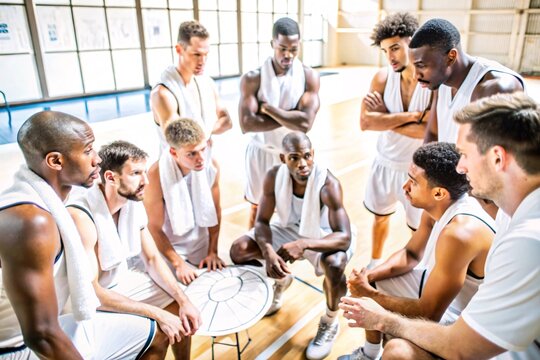 Basketball Team Strategy Meeting in Gym. A diverse basketball team discusses strategy around a tactical board on the gym floor, emphasizing teamwork and planning.