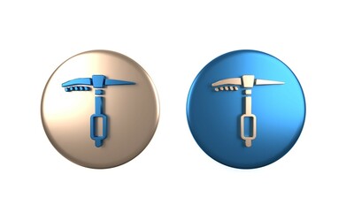 Colorful Ice axe icon isolated on white background. Montain climbing equipment. Circle button. 3D render illustration