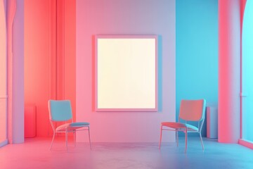 A white board is standing in front of a colorful wall