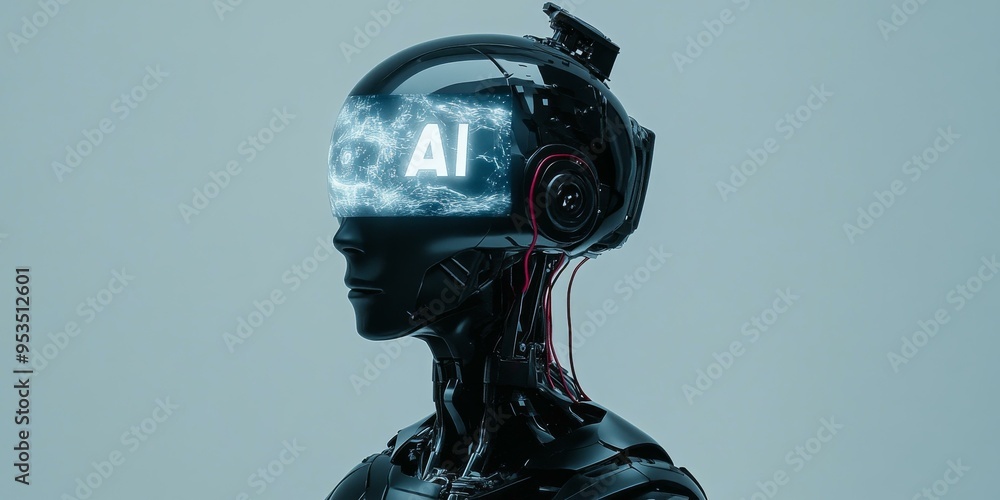 Poster black ai robot with glowing 