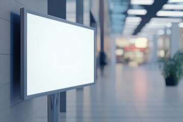 A white sign is hanging on a wall in a mall