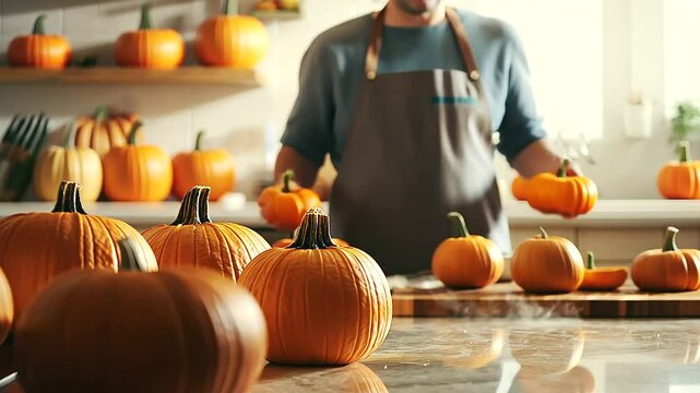 man standing in a kitchen behind a bunch of pumpkins, preparing to carve them into Jack O' Lanterns for Halloween, with tools and ingredients laid out on the counter, capturing the festive and creativ