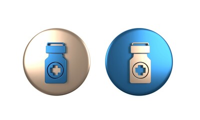 Colorful Medicine bottle and pills icon isolated on white background. Bottle pill sign. Pharmacy design. Circle button. 3D render illustration