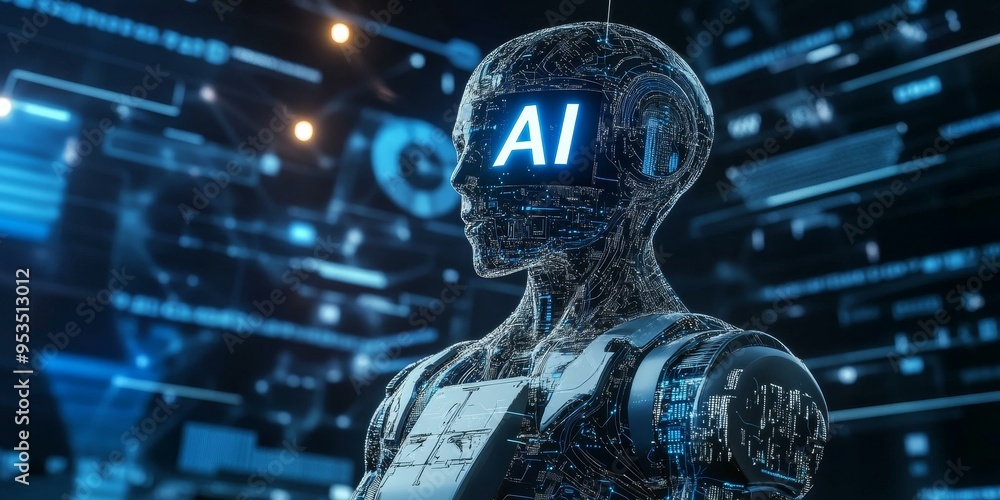 Poster a futuristic ai robot with glowing circuits.
