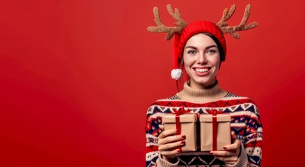 A joyful woman wearing a festive sweater holds a beautifully wrapped gift against a bright red backdrop. This image embodies the spirit of holiday cheer and celebration. AI