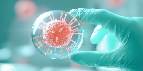 A healthcare professional examines a spherical virus model with a background of laboratory elements, showcasing medical research.