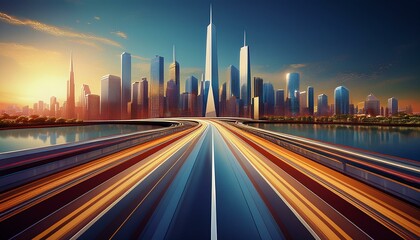 Sleek highway with city skyline in the background