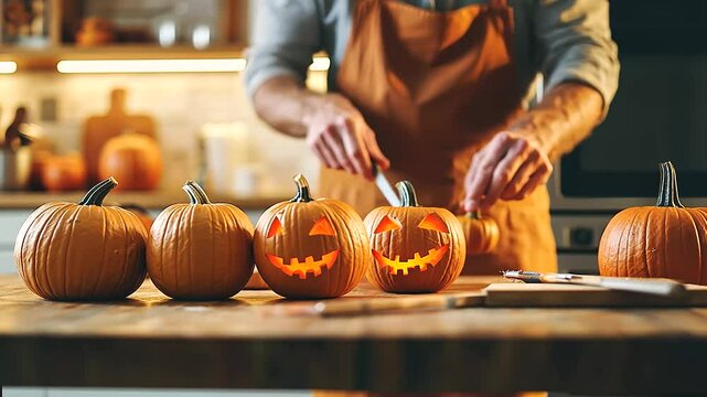 man standing in a kitchen behind a bunch of pumpkins, preparing to carve them into Jack O' Lanterns for Halloween, with tools and ingredients laid out on the counter, capturing festive and creative sp