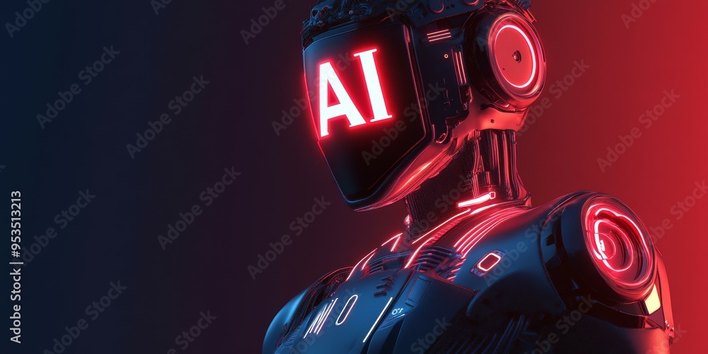 Poster ai robot with red lights and dark background.