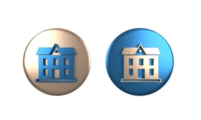 Colorful School building icon isolated on white background. Circle button. 3D render illustration