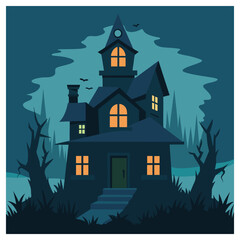 Spooky haunted house with glowing windows and bare trees under a full moon in a minimalist Halloween scene
