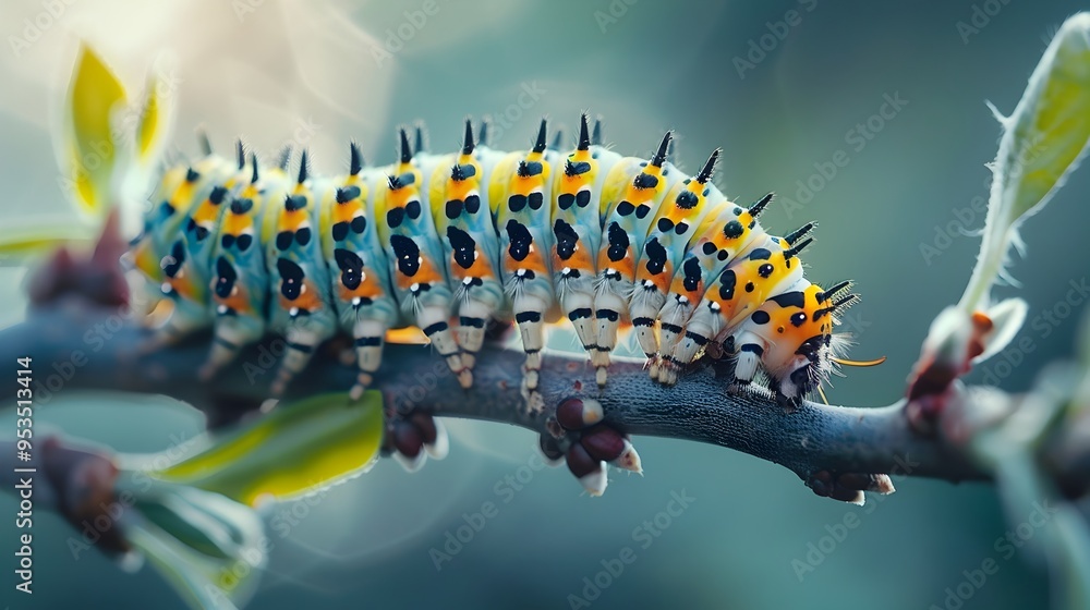 Poster detailed macro shot of a caterpillar on a branch symbolizing transformation