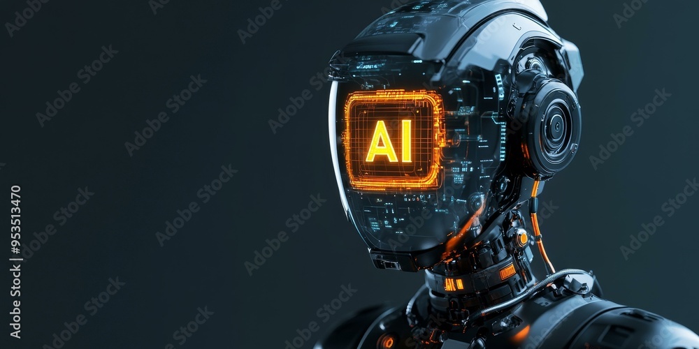 Poster ai robot with glowing head display.