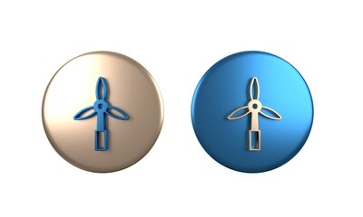 Obraz premium Colorful Wind turbine icon isolated on white background. Wind generator sign. Windmill for electric power production. Circle button. 3D render illustration